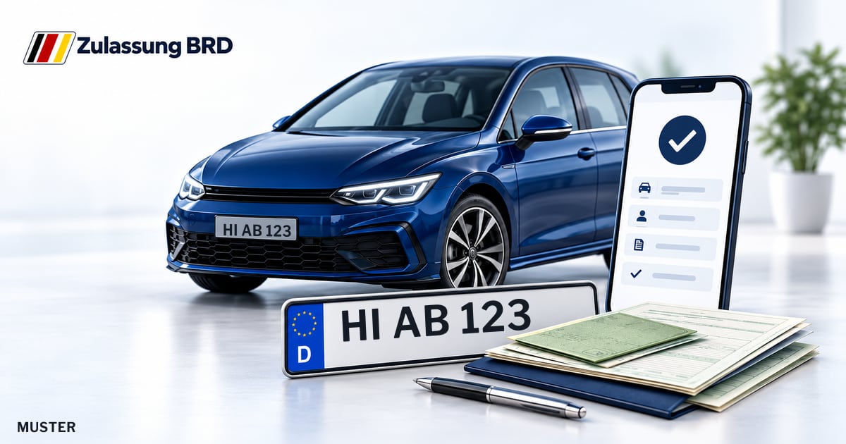 Online Fahrzeugzulassung in Hildesheim: Musterkennzeichen HI AB 123, Auto und Fahrzeugpapiere und Smartphone. Illustration mit Logo von Zulassung BRD.